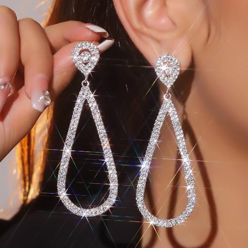 Bling Rhinestone Earrings for Women,Sparkly Silver Teardrop Dangling Earrings Trendy Large Chandelier Earring,Bridal Wedding Jewelry Accessories Gift3