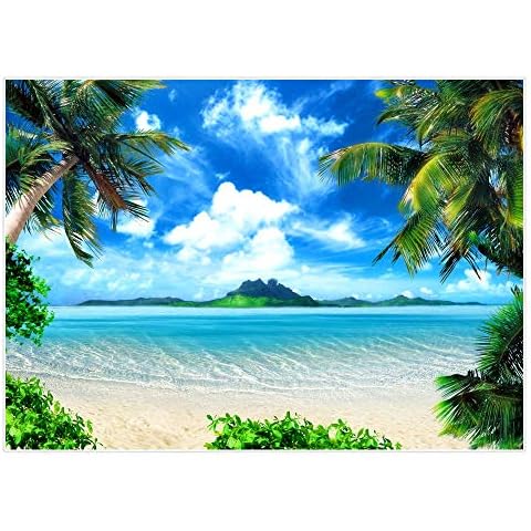 Allenjoy Summer Ocean Beach Backdrops for Photography Tropical Coconut Palm Tree Blue Sky White clouds Sea Sand Background Party Banner for Photobooth Portrait Photo Studio Decoration 7X5ft Cover