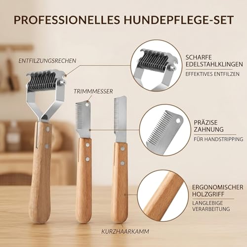 3 Teilig Trimmmesser für Hunde, Hund mit Holzgriff, Haustierpflege Werkzeug für Hundefell Unterwolle Fellmesser, Aufdeckkamm, Kurzhaarkamm, Hundekamm, Trimmkamm Für Hunde, Grober Kamm Zur Fellpflege