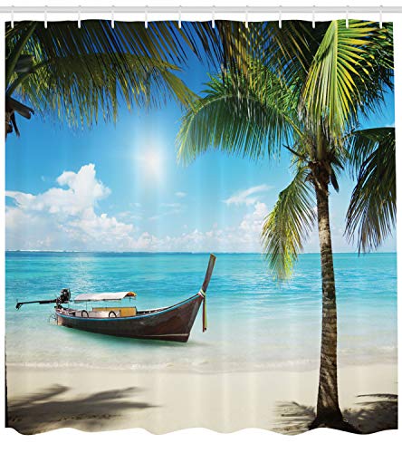 ABAKUHAUS Nautical Shower Curtain, Small Boat in the Atlantic Ocean Dominican Sunny Sea and Palm Trees Image - Image 2
