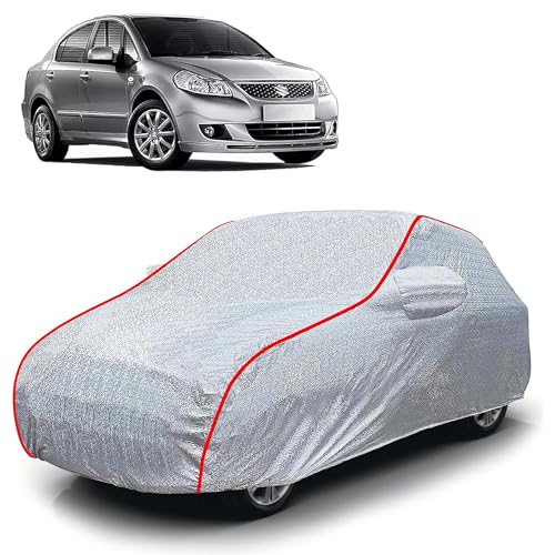 Image of Sulfar 100% Waterproof Car Body Cover Compatible with Mirror for Maruti Suzuki SX4 (Triple Stitched, Full Bottom Elastic, Magic Silver with Red Piping)