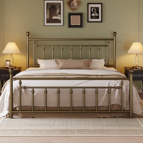 Image of SHA CERLIN 51 inch King Size Metal Bed Frame, Vintage Headboard, Antique Bronze