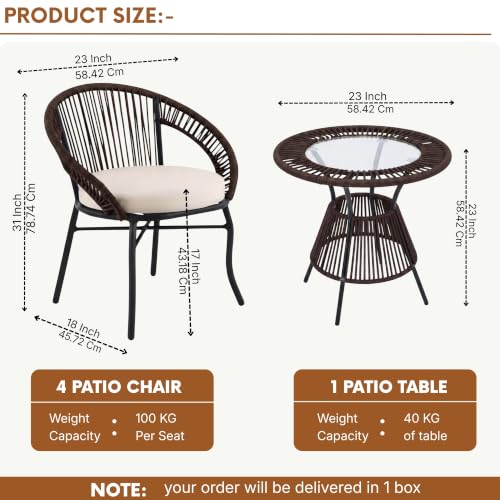 Image of DEVOKO Bliss 4 Seater Outdoor Patio Rope Conversation Set with Glass Top Table (Dark Brown /Cream), Powder-Coated Metal Frame & Water-Resistant Cushions for Balcony, Garden, Terrace