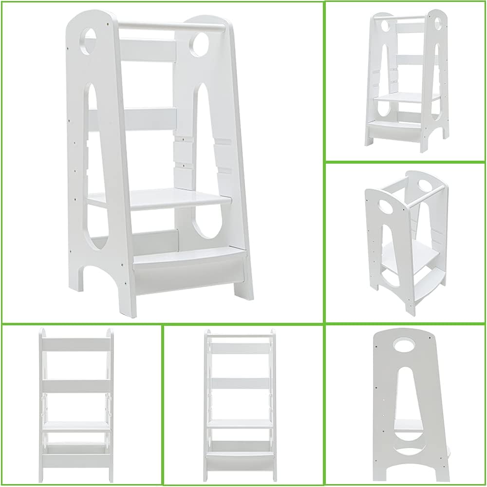 KATARUS Kitchen Step Stool for Kids and Toddlers with Safety Rail Children Standing Tower for Kitchen Counter, 3 Heights Adjustable Solid Wood Step Up Learning Stool Mother's Helper, Solid Wood, White