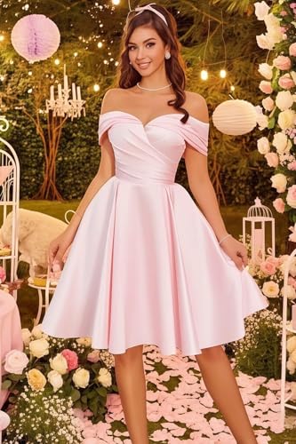 Dymaisei Off Shoulder Homecoming Dresses 2025 Short Satin Prom Dresses Pleated A Line Formal Cocktail Gowns4
