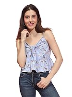 oxolloxo Women Blue Floral Print V- Neck Tie-Knotted Strappy Crop Top