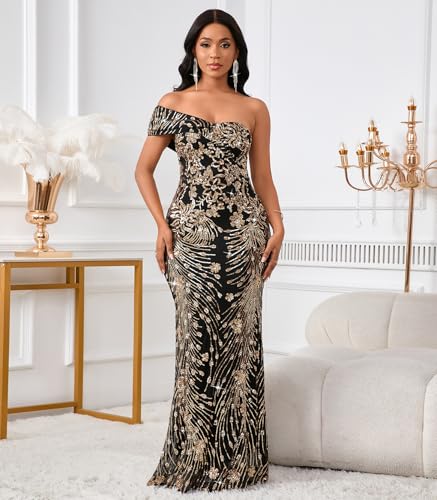 Image of Cololura Women Sexy Sequin One Shoulder Mermaid Formal Party Cocktail Gowns Bodycon Evening Maxi Dress