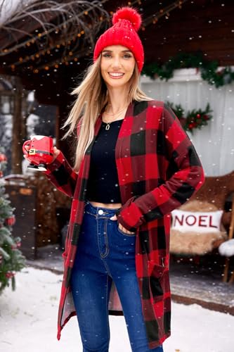 Christmas Womens Plaid Warm Long Sleeve Cardigan Kimono Casual Loose Open Front Outerwear Red 3XL