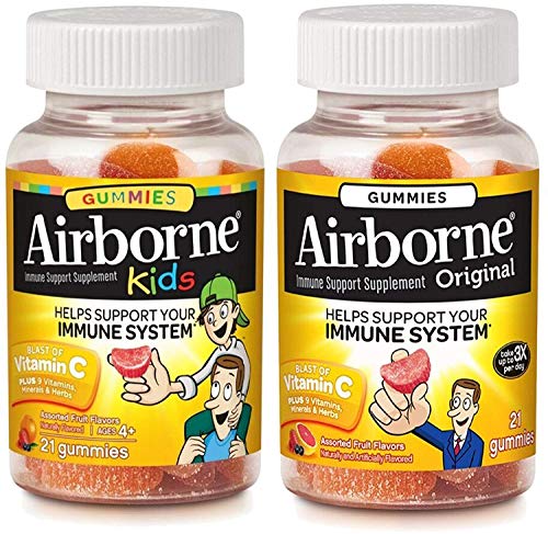 Airborne Adult & Kids Assorted Fruit Flavored Gummies Value Pack-Immune Support Supplement with 1000 mg of Vitamin C, Vitamin E, Echinacea & Selenium, 21 Count (1 Each)