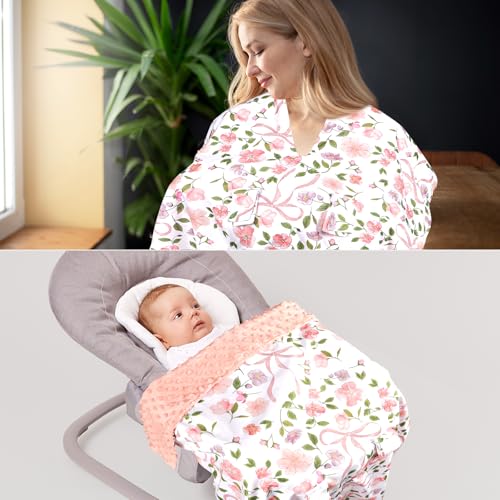 Image of TANOFAR Baby Carseat Canopy, Peekaboo Opening Car Seat Canopy for Babies, Soft and Breathable Infant Carrier Canopy, Multi-use Baby Carrier, Stroller, Nursing Cover, Minky Blanket, Pink Bow