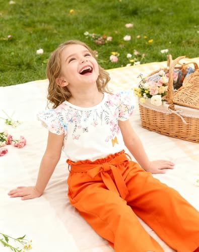 Image of Toddler Kid Girl Clothes Casual Ruffle Sleeve Floral Printed Top Solid Pants with Belt 3PC Outfit Set