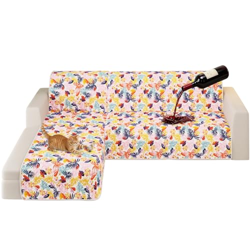 ALIECOM Sectional Couch Covers 100% Waterproof L Shape Sofa Cover Washable 2 Piece Printed Sectional Slipcovers with Chaise Pet Friendly Furniture Protector for Dogs (Large, Tropical Leaf)