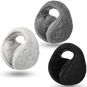 Foldable Ear Warmers Adjustable Knitted Earmuffs with Fuzzy Fleece Lining Unisex Furry Winter Earmuffs (Black, Grey…