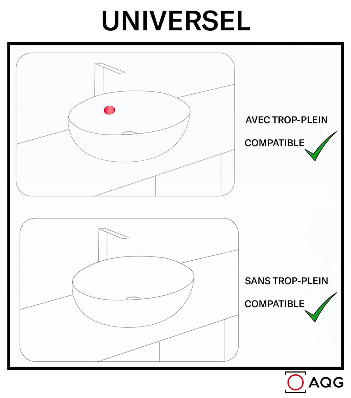 AQG - Válvula Clic-Clac Universal para Lavabo - Tapón Plano - Compatible con Rebosadero y Sin Rebosadero - Diseño Elegante y Alta Durabilidad (Negro)