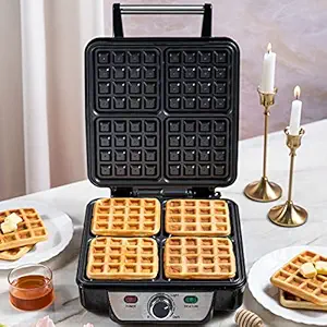 Borosil Jumbo Waffle Maker, 1100W, Non-Stick Grilling Plate, 4 Jumbo Bread Slices, Black
