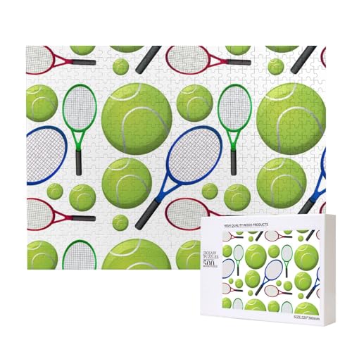 Raquetas y Pelotas de Tenis,Rompecabezas de Madera de 500 Piezas, Juego Familiar, Rompecabezas para Adultos, Adolescentes, decoración del hogar