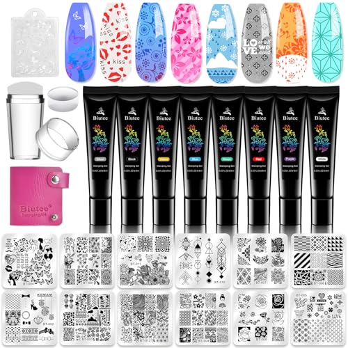 Biutee Nail Stamping Plates Set - 12pcs Templates, 8 Colors, Stamper, Scraper, Storage Bag - Animal & Flower Design Nail Art Plates