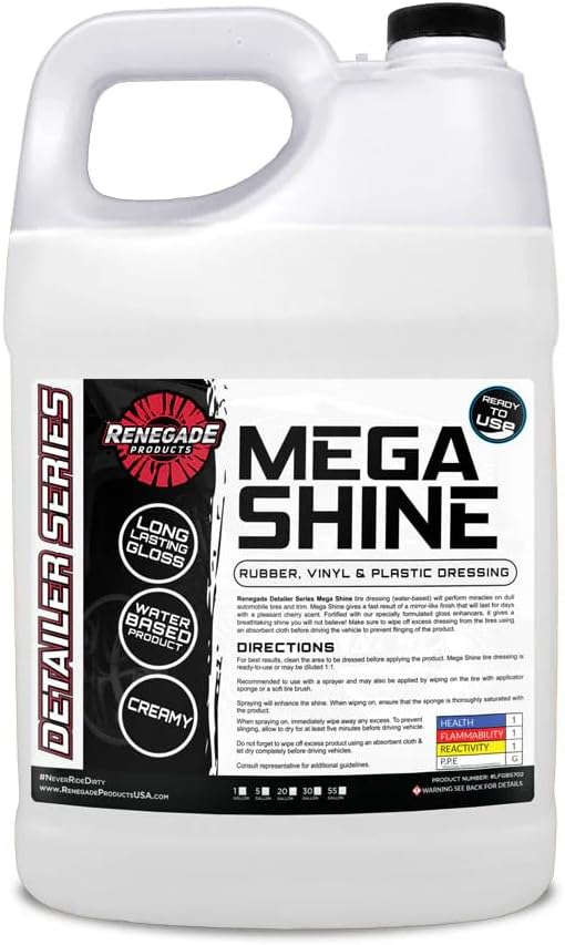 Renegade Products Mega Shine - Premium Water-Based High Gloss Rubber, Vinyl & Plastic Dressing | Mirror-Like Tire Shine & Trim Restorer with Cherry Scent (16 oz / 1 Gallon) (1 Gallon)