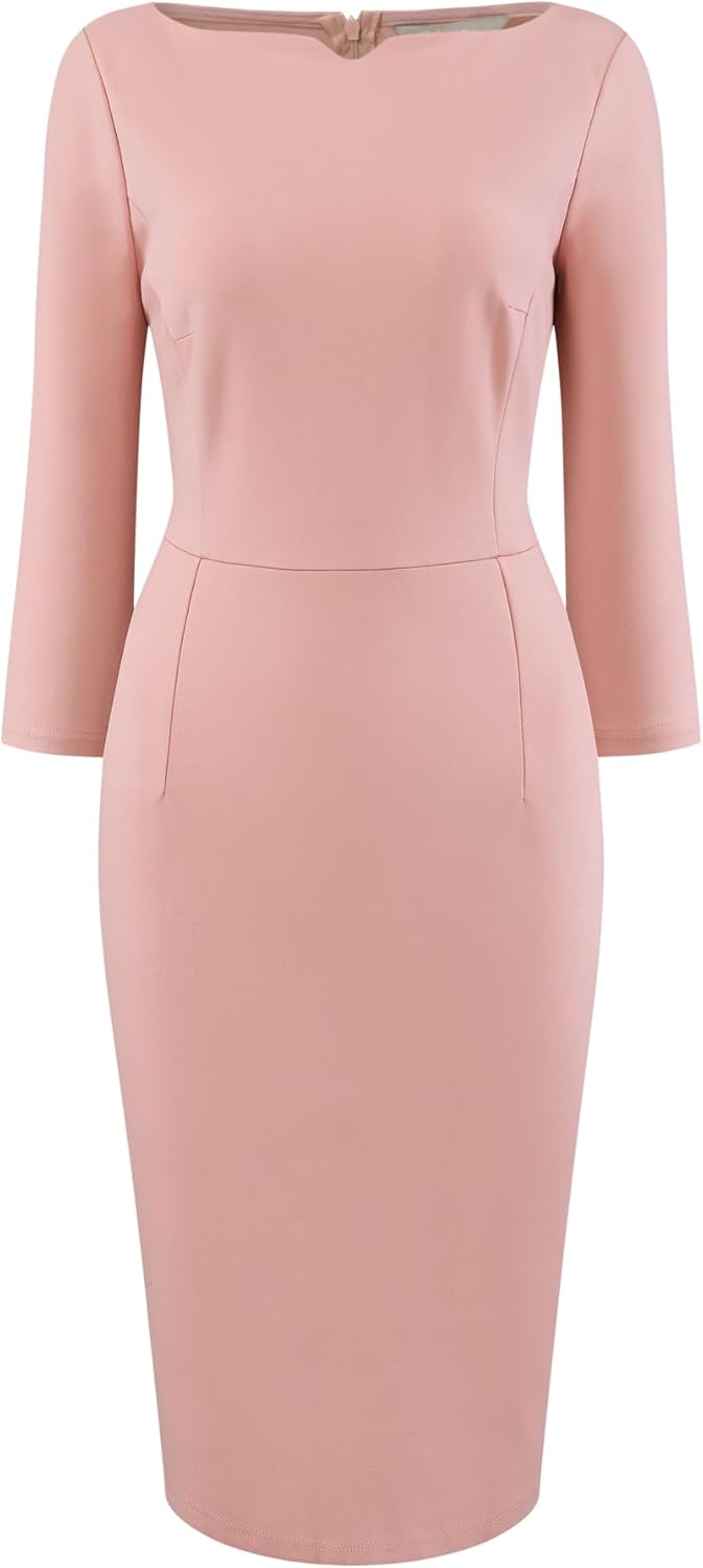 Hobemty Women's 3/4 Sleeve Pencil Dress Boat Neck Elegant Wear to Work Midi Sheath Dresses