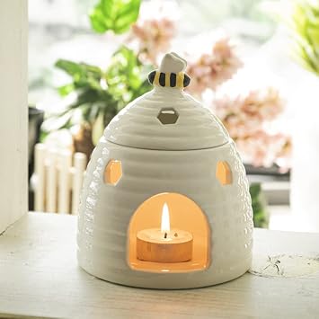Summit Collection Gifts Ceramic Beehive Tea Light Candle Holder Compatible with Fragrance Oils and Wax Melts White Decorative Bee Honeycomb Design 5.5" H