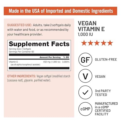 Image of NatureWise Vitamin E 1000 IU Softgels (450mg dL-Alpha) - Vegan, Gluten-Free, Soy-Free, Non-GMO Antioxidant Dietary Supplement for Skin, Heart, Eye, and Immune Health Support - 60-Day Supply, 120 Count