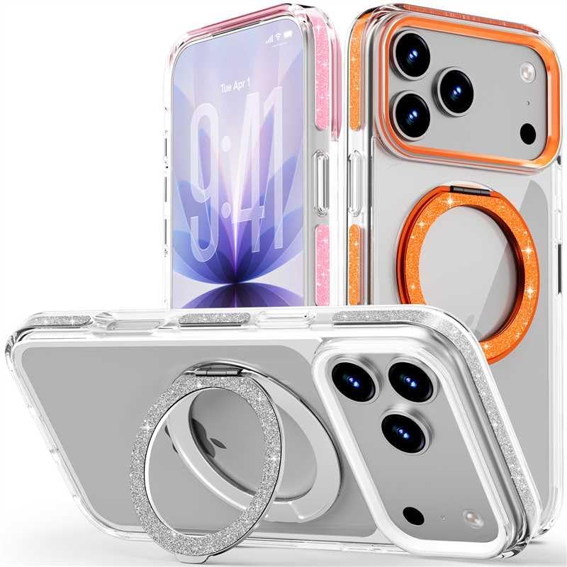 COOLQO Magnetic for iPhone 17 Pro Case 360° Spin Stand, Fit for MagSafe, Military Grade Drop Protection, Anti-Yellowing, Glitter Shiny Sparkle Shockproof Case for iPhone 17 Pro 6.3", Silver