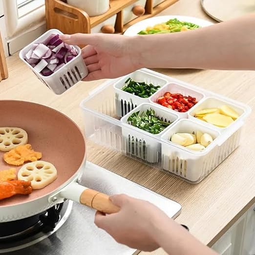 NEKIFACE Fridge Storage Boxes Freezer Storage Containers 6 Grid fridge Storage Box Container for KitchenStorage in Kitchen Vegetable Storage Draining Crisper Refrigerator Food Box-image-7