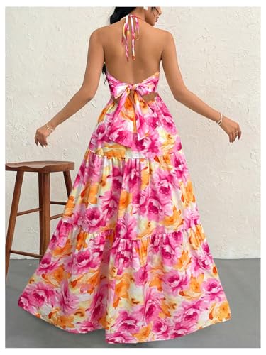 Image of SHENHE Women's Deep V Neck Tie Knot Backless Halter Dress A Line Flowy Ruffle Maxi Dress