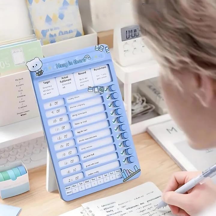Portable Self-Discipline Chores Chart With 15 Pcs Blank Paper Sliding Morning Routine | Daily Checklist Board Planning Reminder for Home School Office (1ps/Blue)-picture-14