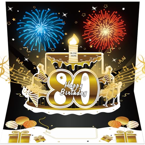 Turypaty 80th Birthday Cards Pop Up 3D Cake - Firework & Music & Blow Out Candle Light Funny Happy 80 Black Gold Birthday Card Gifts for Men, Women, Friends, Boyfriend, Dad, Mom, Husband, Wife