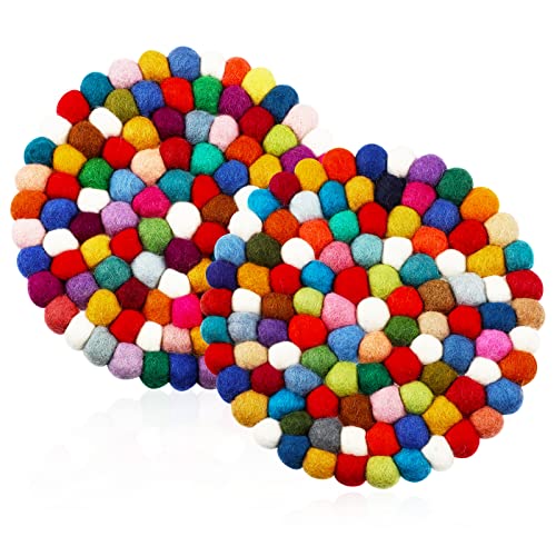 2 Pieces Round Felt Ball Coasters Handmade Multi Color Pot Mat Colorful Hot Plate Holder Heat Resistant Felt Balls Trivet Pot Holder for Table Desk Kitchen Decor Accessories