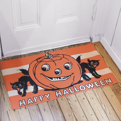 Primitives-by-Kathy-Rug-Happy-Halloween-displaying-a-Vintage-Design-of-a-Jack-OLantern-and-Black-Cats-with-Happy-Halloween-Sentiment Primitives by Kathy Rug Happy Halloween displaying a Vintage Design of a Jack OLantern and Black Cats with Happy Halloween Sentiment