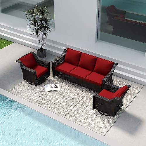 Image of 3 Piece Patio Furniture Set, Wicker Outdoor Conversation Set | Patio Chair Set with Olefin Removable Cushion, All-Weather Outdoor Couch with Deep Seat for Porch, Deck and Backyard, Red
