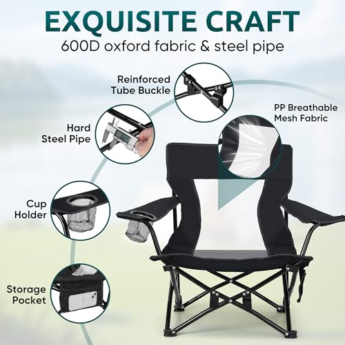 Image of HaSteeL Folding Beach Chair, Foldable Black Camping Chairs for Outside, Low Beach Chair Portable for Adults Fishing, Picnic, Outdoor BBQ, Travel, Sports, Cup Holder & Storage Bag