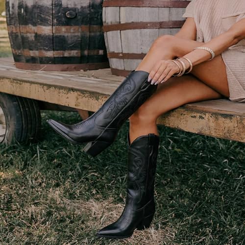 Image of ISNOM Cowboy Boots Cowgir Boots for Women, Pointed Toe Chunky Heel Western Boots