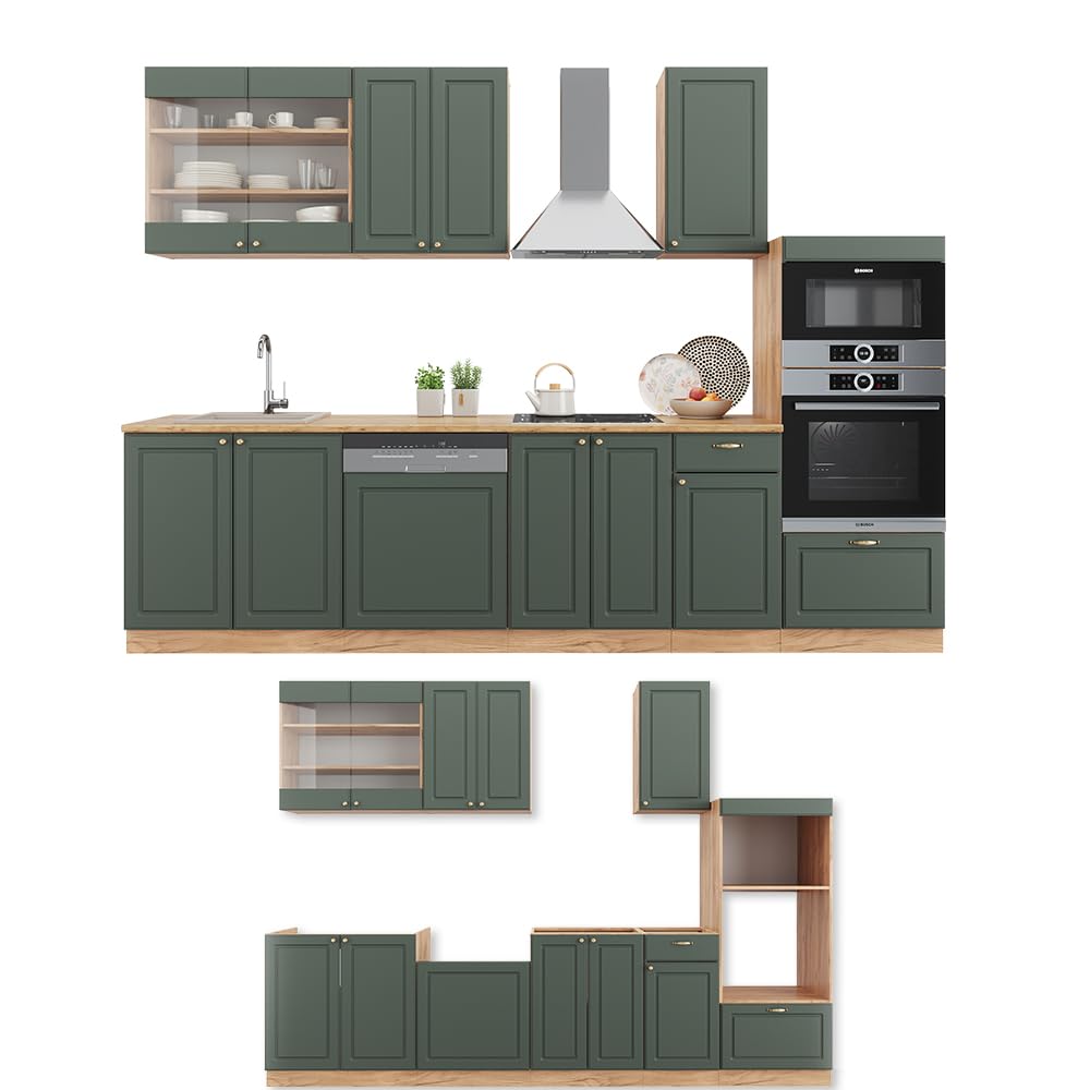 Vicco Küchenzeile Fame-Line, Grün-Gold Landhaus/Goldkraft Eiche, 300 cm mit Hochschrank, ohne Arbeitsplatte, zur individuellen Erweiterung durch kompatible Zusatzmodule