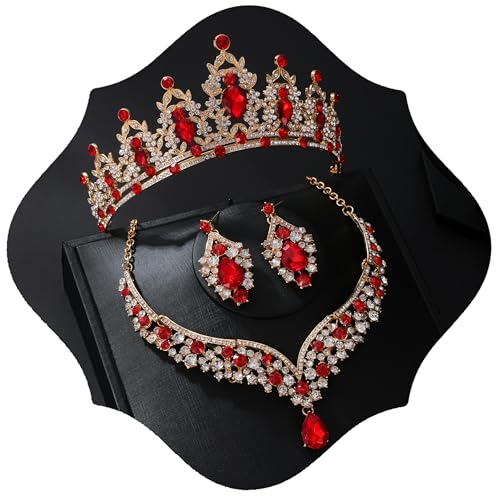 Geurlev Tiaras and Crowns for Women Tiaras Earrings Necklace Crystal Bridal Jewelry Set (Gold Red)