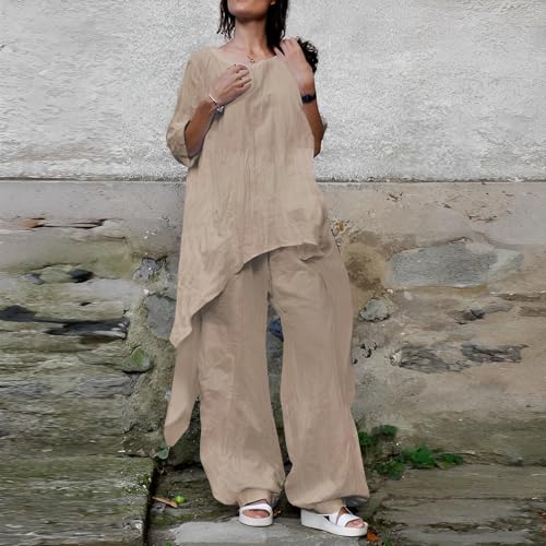 2 Piece Cotton Set for Women Long Sleeve Irregular Pullover Linen Shirt Fall Casual Wide Leg Pants Suit4