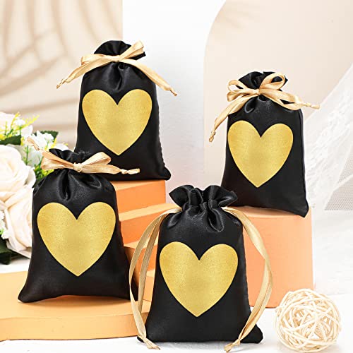 Riakrum 50 Pcs Satin Small Gift Bags Thank You Drawstring Jewelry Pouches Heart Mini Candy Gift Bags For Wedding Party Baby Shower Favor Birthday (Black, 4 X 6 Inch) #TOP4