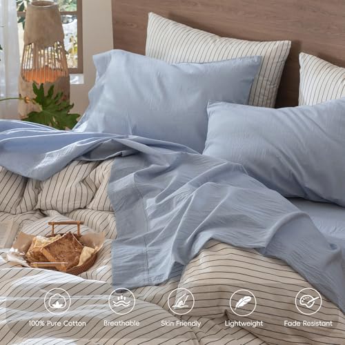 Image of MooMee Sheet Set 100% Washed Cotton Linen-Like Extra Deep Pocket King | Relaxed Linen-like Texture. Soft, Breathable & Lightweight Comfort. 15-19 inch Extra Deep Pocket with All-around Elastic