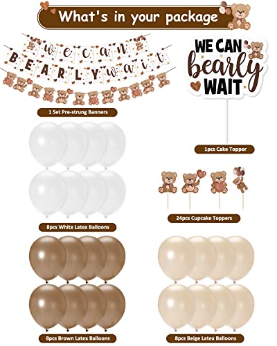 We Can Bearly Wait Baby Shower Decorations Brown Teddy Bear Banner Bear Cake Topper Cupcake Toppers Cream Brown Balloons For Bear Theme Birthday Party Supplies #TOP2