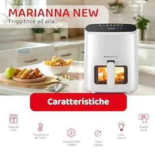 Melchioni Family | MARIANNA NEW Friggitrice ad Aria 5L Air Fryer Compatta con Contenitore Antiaderente, Display Touch, 7 Programmi, Timer 60 min, Temperatura 80°-200°C, 1500W