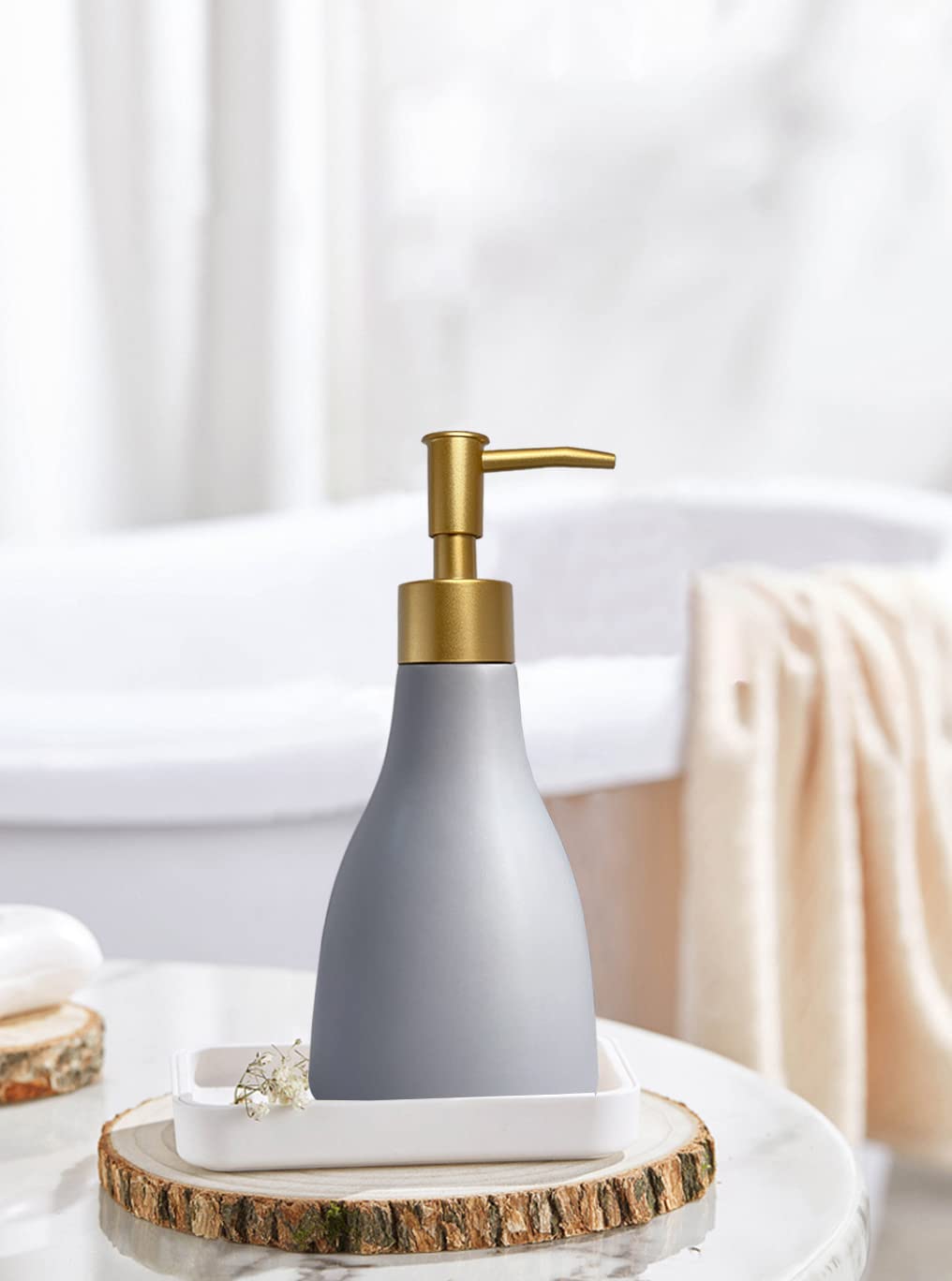 Dispensador de jabón líquido de 280 ml para baño con bomba dorada, dispensador de jabón para fregadero de cocina, dispensador de jabón de manos recargable de cerámica gris para encimera o ducha