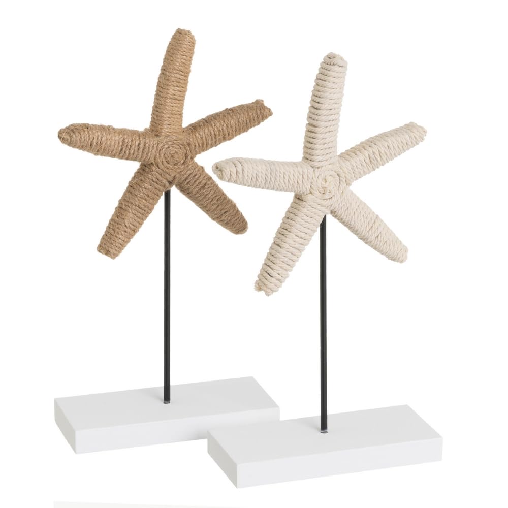 LOLAhome Set de 2 Figuras Estrella de mar de algodón Natural y Yute Beige con peana de 13x25 cm