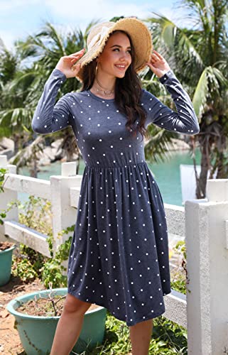 Womens Fall Long Sleeve Pocket Midi Knee Length Teacher Work Casual Dress Blue L #TOP4