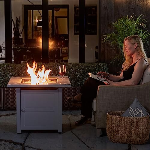 Endless Summer 30 Inch Square Outdoor Gas Fire Pit Table With Marble Mantel, Slate Finish, White Fire Glass, And Protective Cover #TOP4