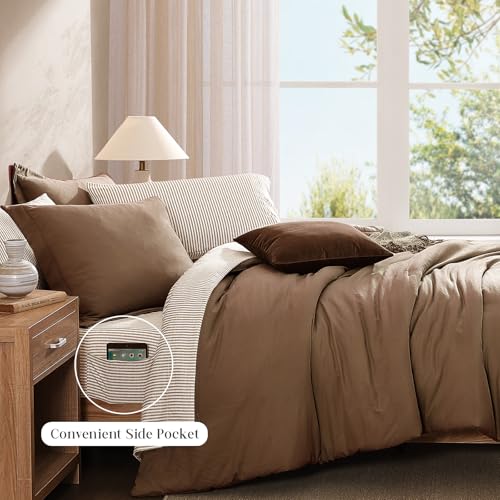 Image of Monbix King Size Comforter Set- 7 Pieces Soft Bed in a Bag King Bedding Set | All Season Brown Prewashed Comforter with Striped Sheets, Pillowcases & Shams