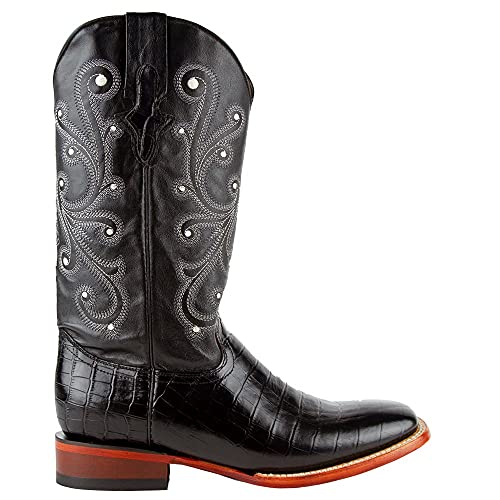 Men's Belly Caiman Alligator Print Cowboy Boot Square Toe Black 13 EE US