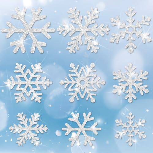 Fuutreo 108 Pcs Snowflake Cutouts Winter Glitter Paper Decorations Bulletin Board Decor 3 Size Cutouts for Winter Holiday Party Wonderland Decor(Silver)