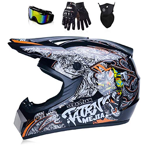 Men Women Full Face Motocross Helmet, With Goggles, Face Mask And Gloves Dot Approved Dirt Bike Off Road Motorcycle Helmet Mx Mtb Bmx Downhill Helmet,Orange Locomotive,M #TOP14